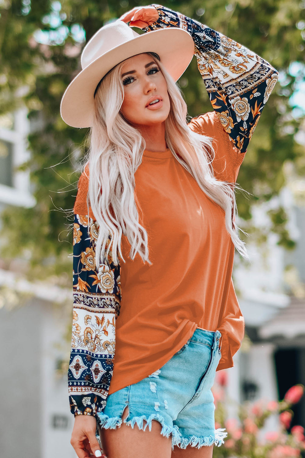 Brown Boho Floral Print Balloon Sleeve Top with Lace Details