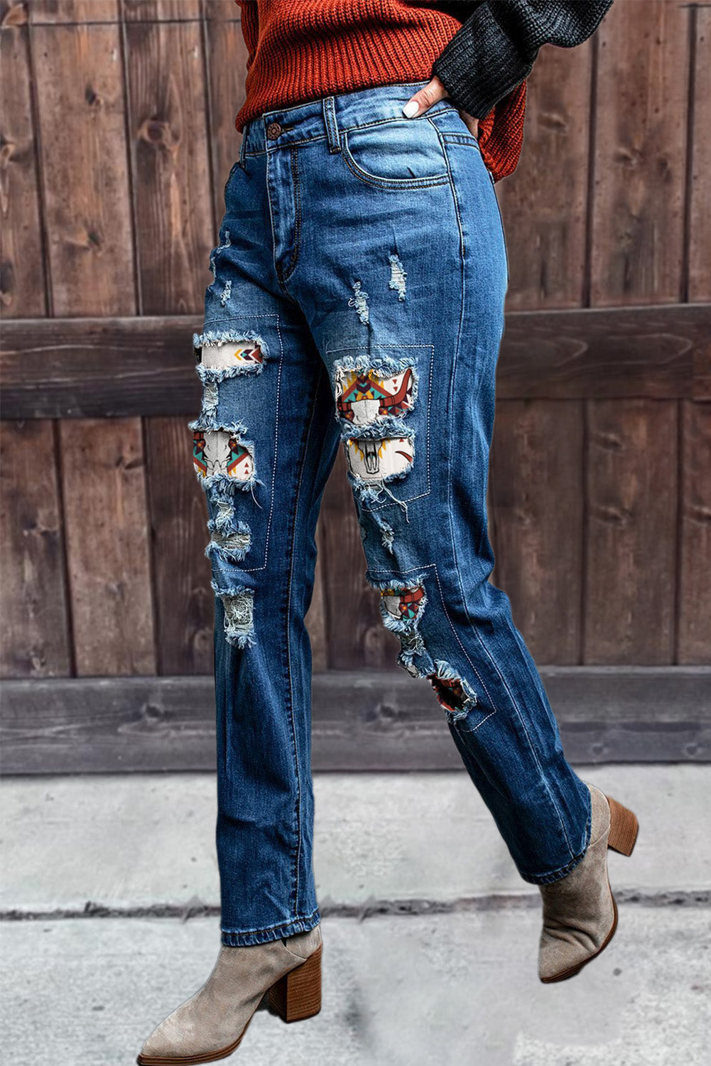 Western Pattern Patchwork High Rise Distressed Jeans