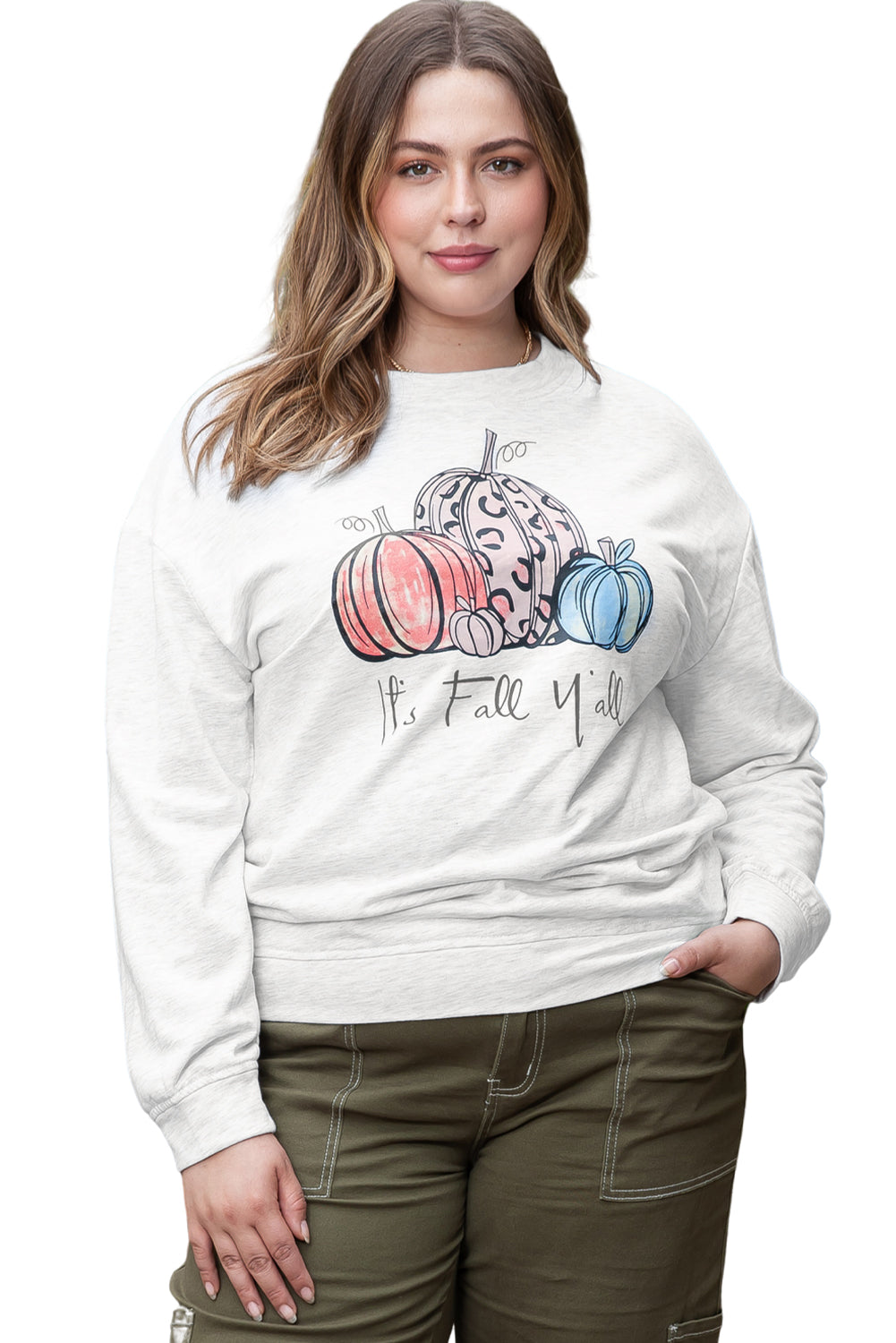 Graues Pullover-Sweatshirt mit Kürbis-Grafik in Übergröße