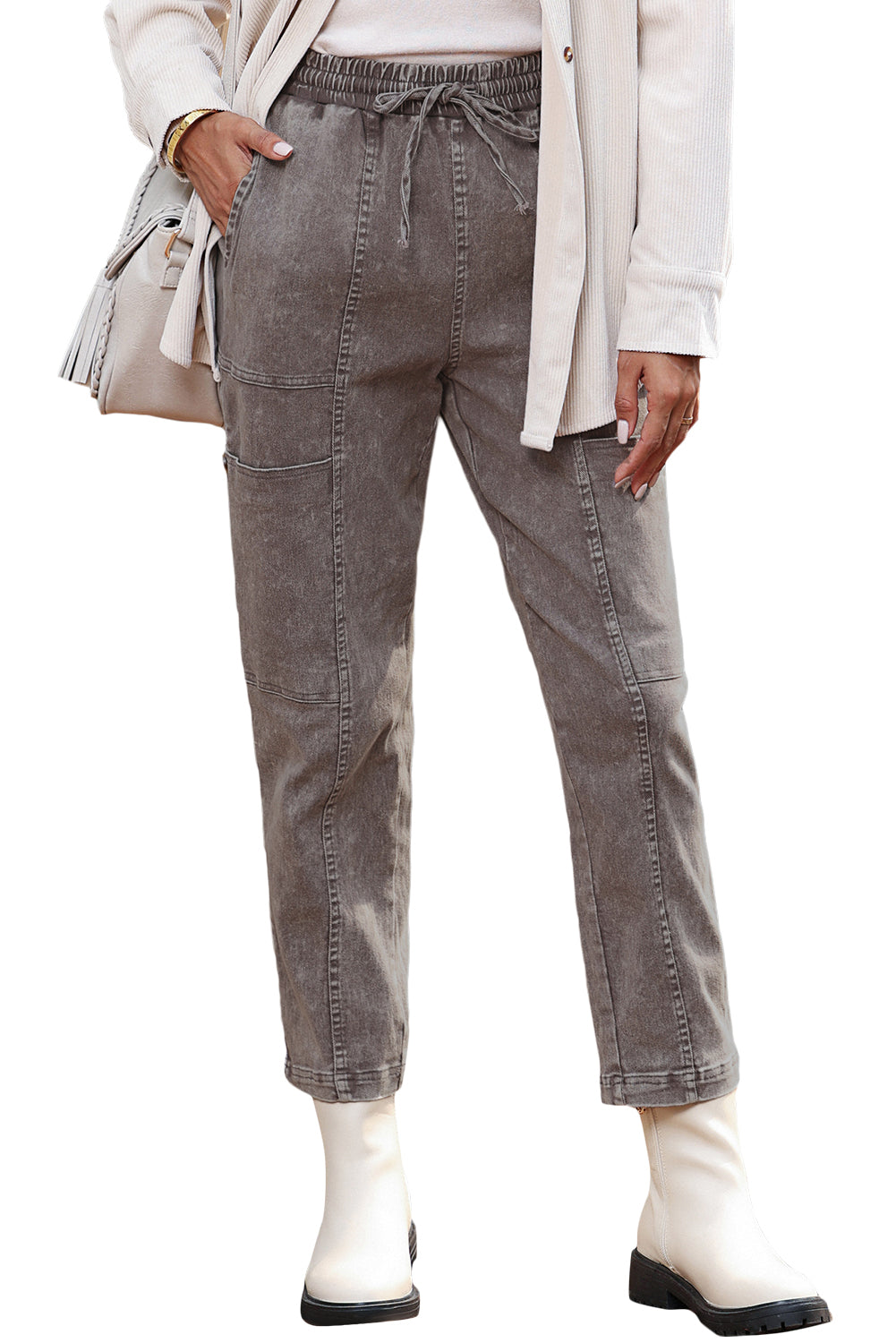 Pantalon gris délavé à l'acide avec plusieurs poches et cordon de serrage à la taille