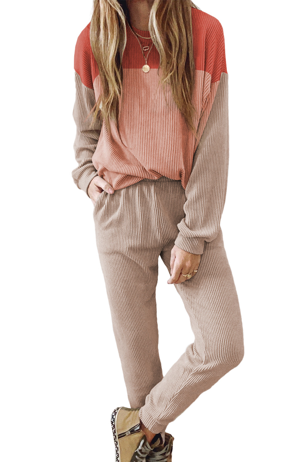 Completo pullover e pantaloni colorblock da 2 pezzi con cordoncino rosso fuoco