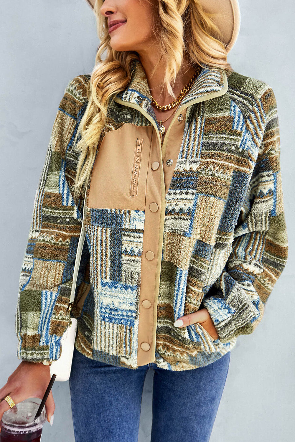 Kaki Western Colorblock Sherpa jakna z gumbi
