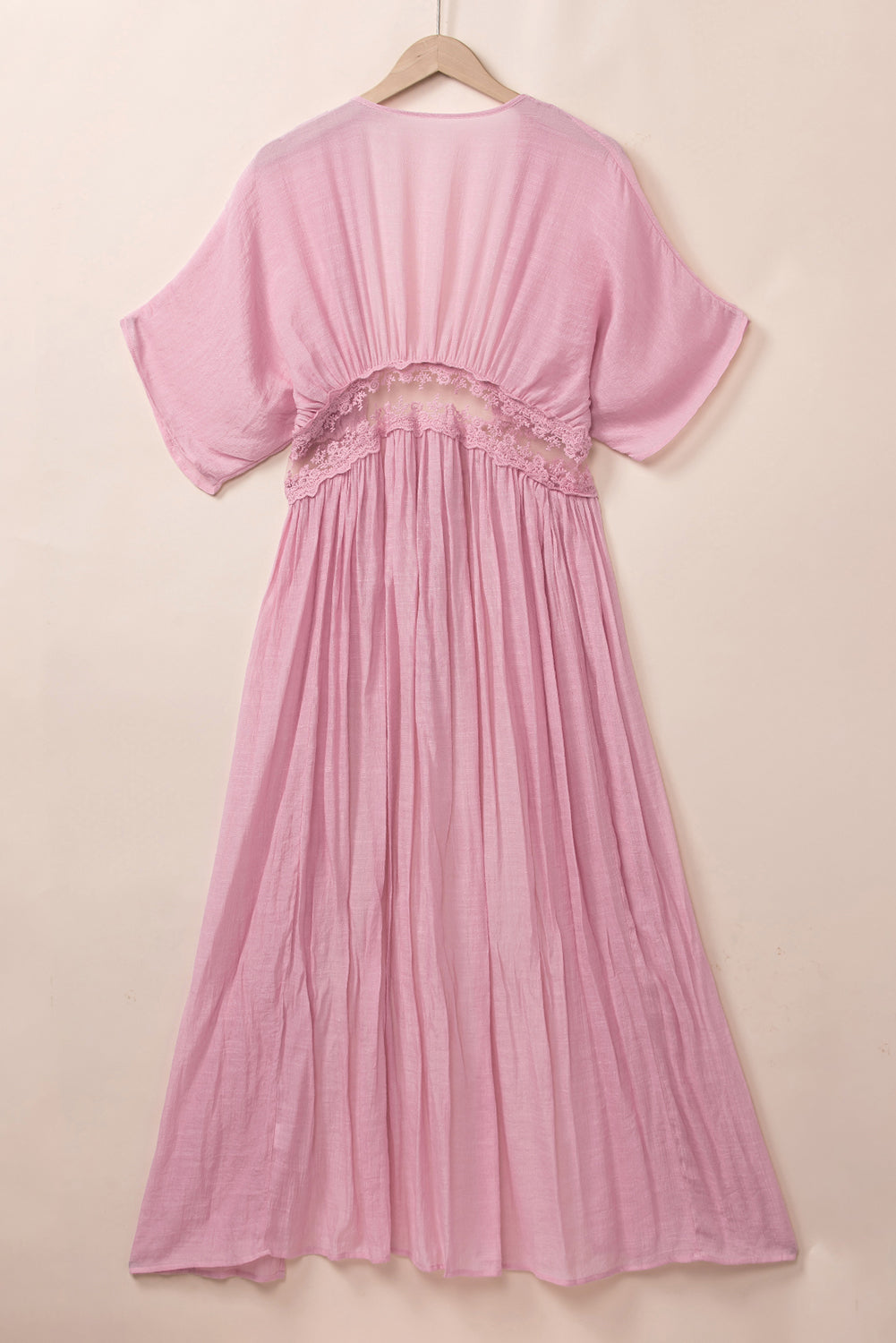 Light Pink Lace Splicing Open Front Maxi Kimono