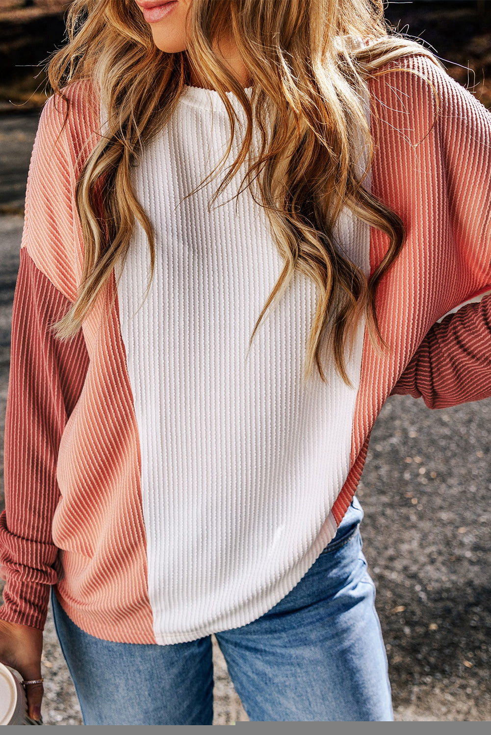 Pale Chestnut Color Block Corded Long Sleeve Top