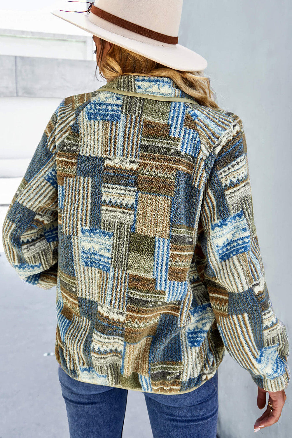 Khakifarbene Western-Sherpa-Jacke mit Farbblock und Druckknöpfen