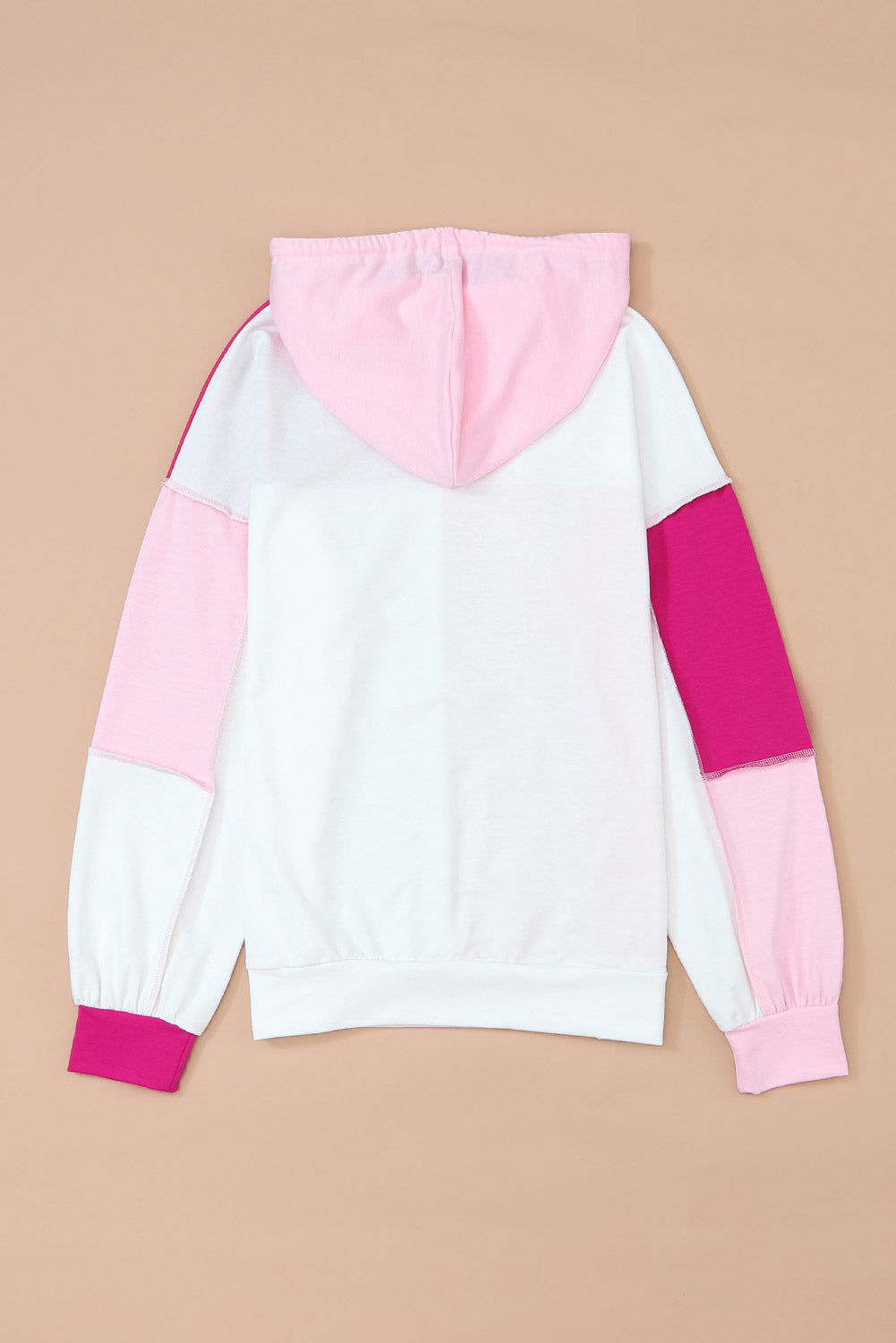 Pink Colorblock Exposed Seam Loose Sleeve Hoodie