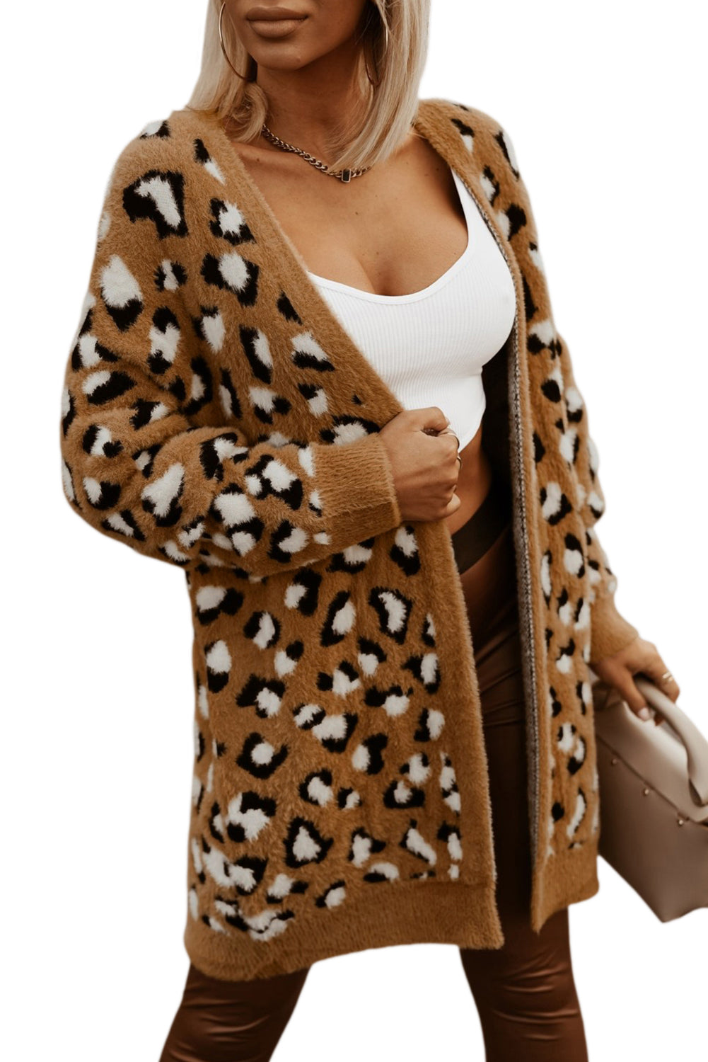 Cardigan in pelliccia con stampa leopardata marrone