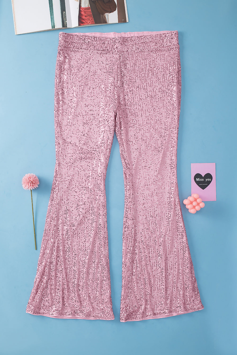 Pink Shiny Sequin Plus Size Flowy Flare Pants