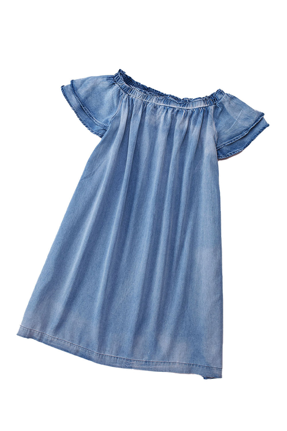 Himmelblaues, schulterfreies Chambray-Kleid mit Rüschenärmeln