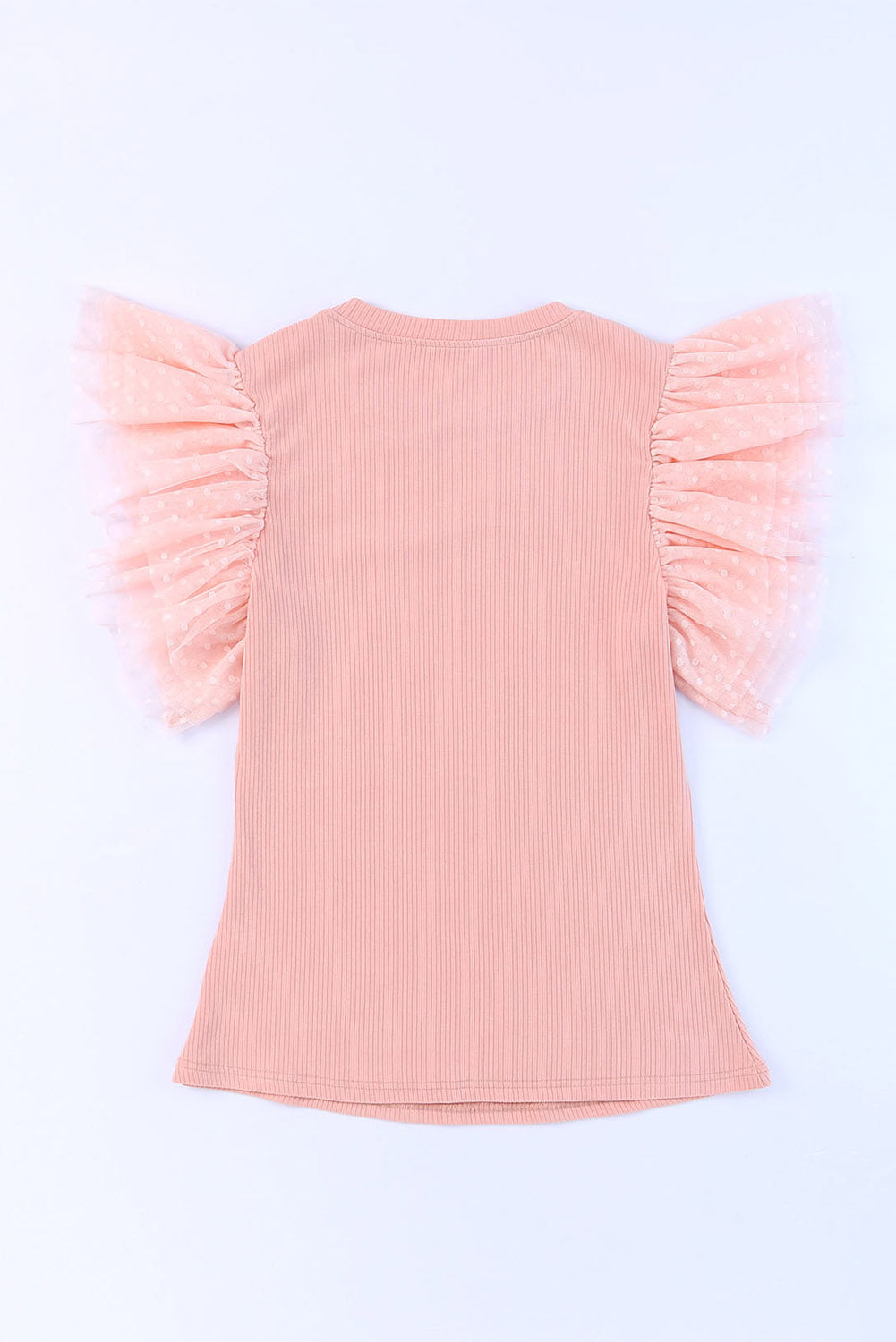 Rožnata pletena majica z mrežastimi rokavi in ​​naborki