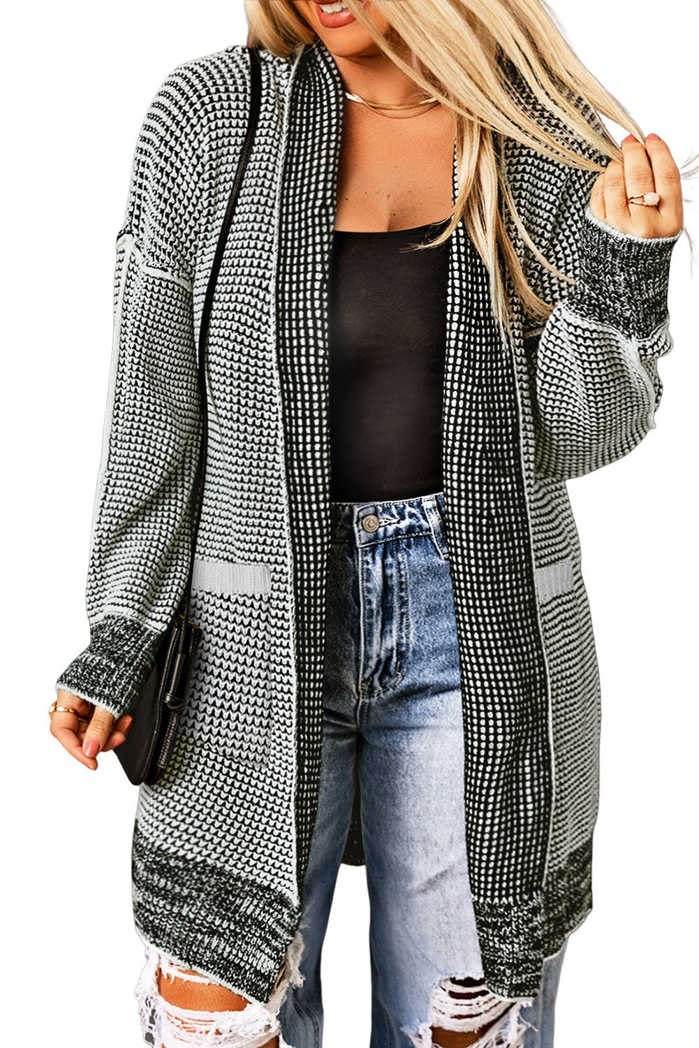 Cardigan en tricot texturé gris grande taille