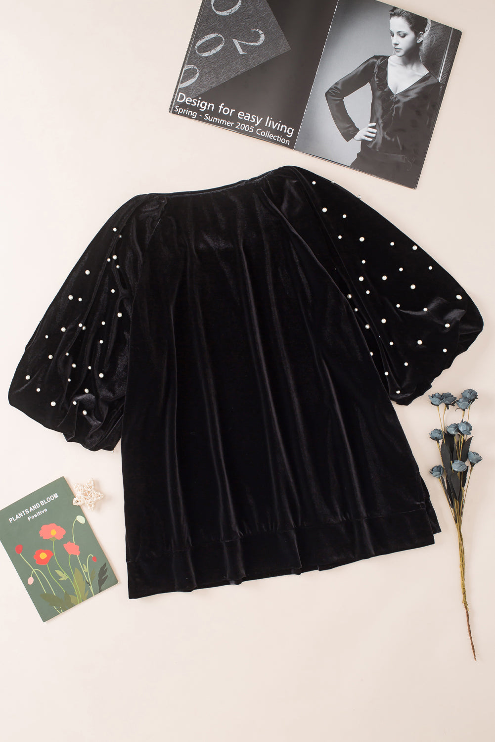 Black Pearl Embellished Puff Sleeve Velvet Plus Size Top