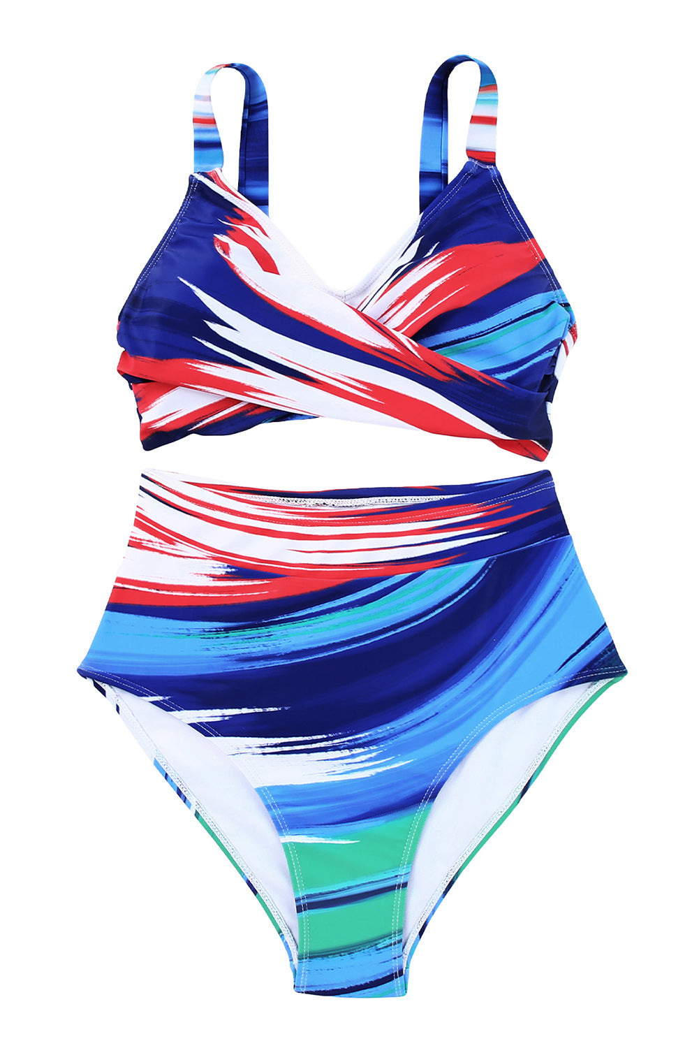 Mehrfarbiger, verdrehter Bikini-Badeanzug mit abstraktem Print und hoher Taille