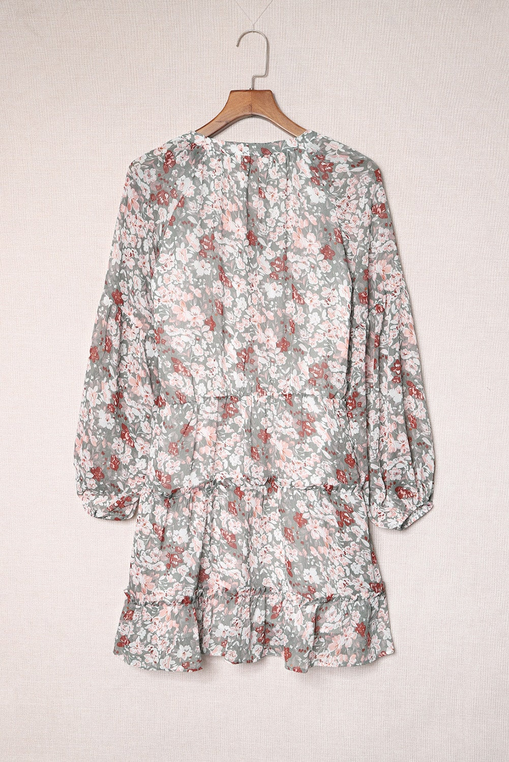 Green V Neck Puff Sleeves Floral Tunic Dress