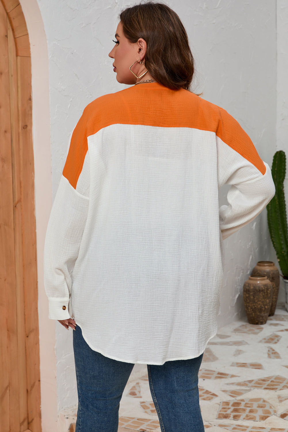 White Crinkle Colorblock Chest Pocket Plus Size Shirt