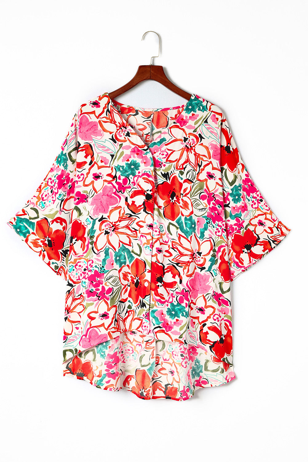 Camicia con maniche a kimono con stampa floreale rosa taglie forti