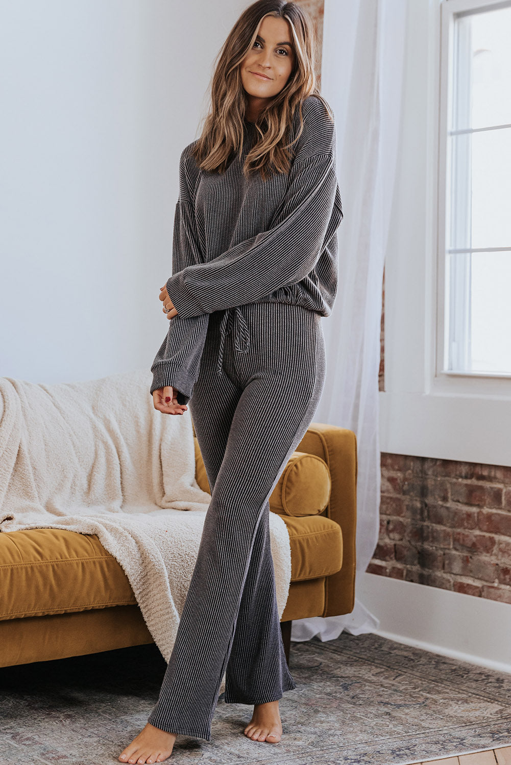 Black Ribbed Drawstring Waist Hoodie and Pants Set