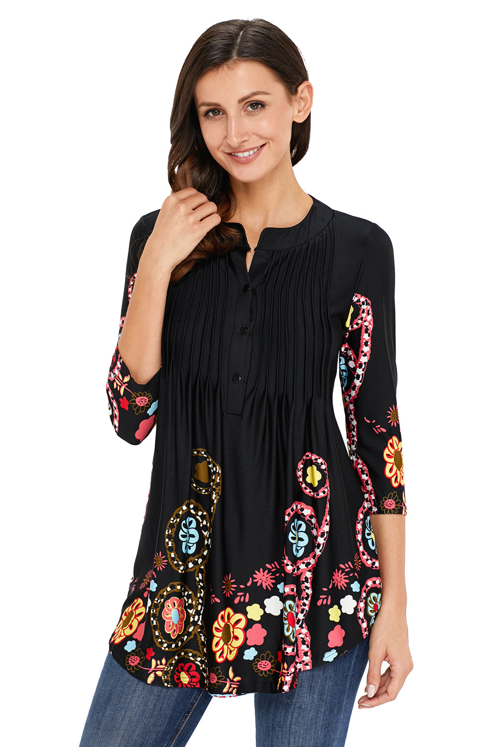 Black Floral Notch Neck Pin-tuck Tunic