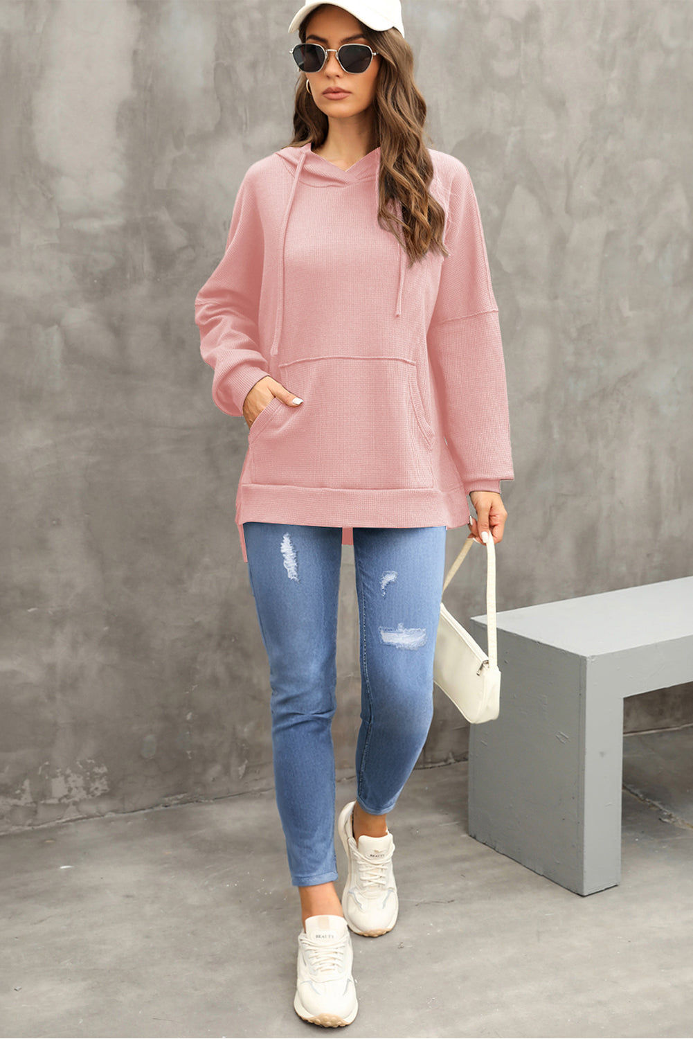 Hellrosa Waffelstrick-Fleece-gefütterter High-Low-Oversize-Hoodie