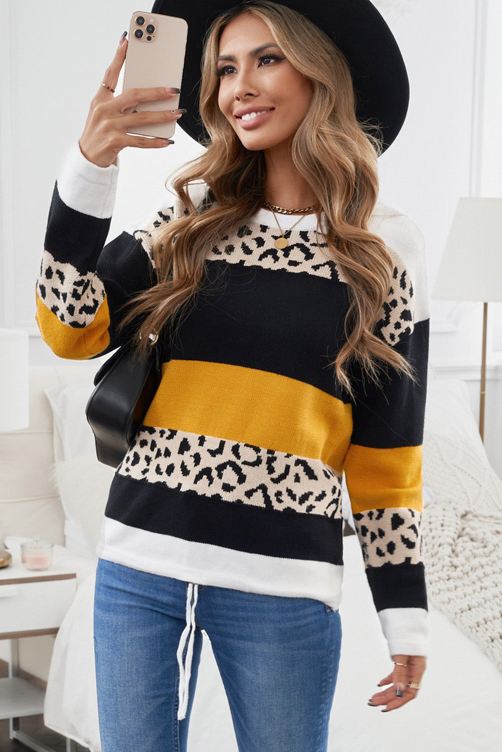 Crewneck Leopard Color Block Pleten pulover pulover