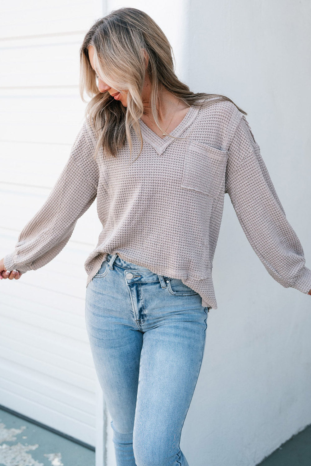 Mist Blue Raw Edge Detail Waffle Knit V Neck Top