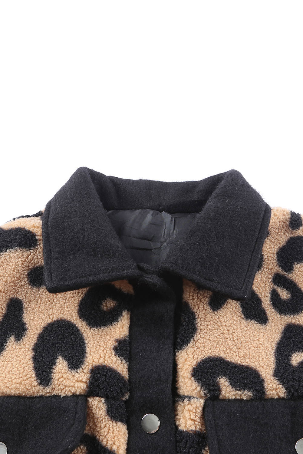 Teddy jakna s crnim kontrastom obrubljena s leopardom