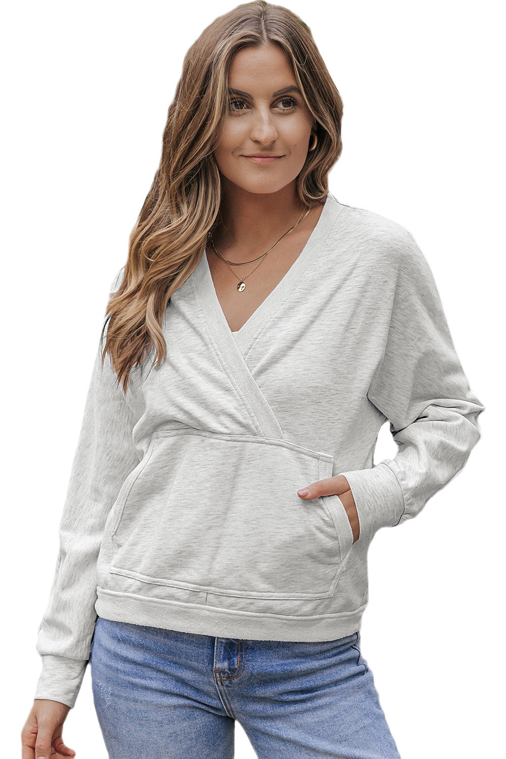 Gray Contrast Trim V Neck Wrap Sweatshirt with Pocket