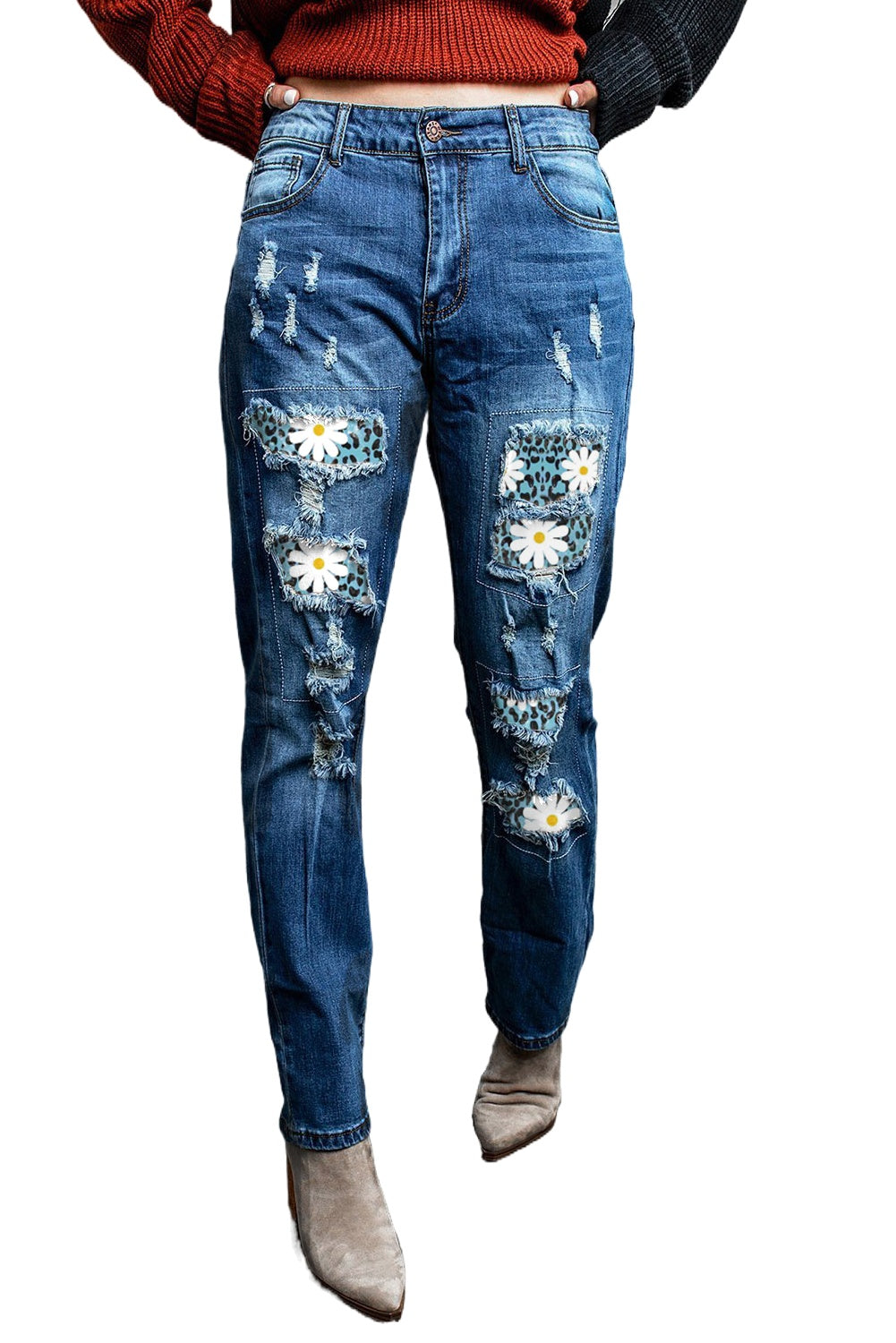 Jeans a gamba dritta effetto invecchiato patchwork leopardato margherita