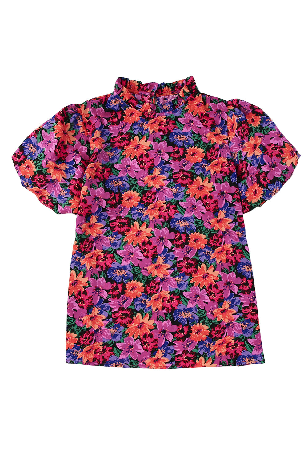 Večbarvna bluza z napihnjenimi rokavi in ​​okroglim izrezom s cvetličnim vzorcem