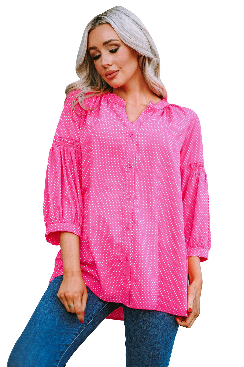 Ružičasta široka košulja s točkastim printom 3/4 rukava