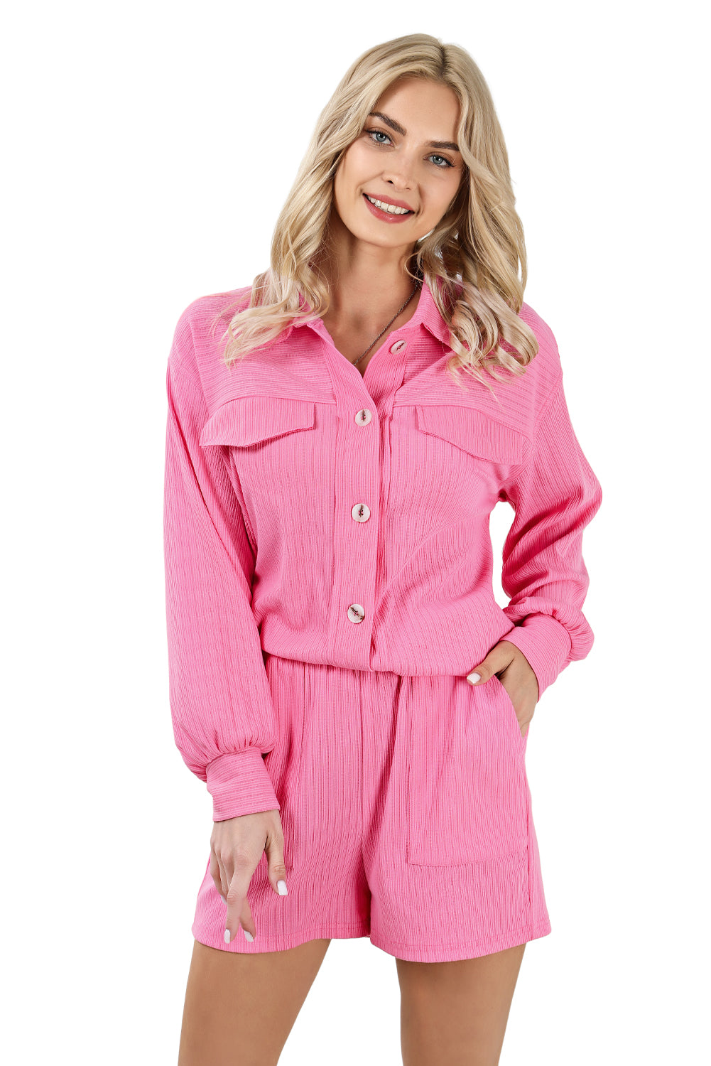 Set top e pantaloncini rosa con bottoni in maglia a coste