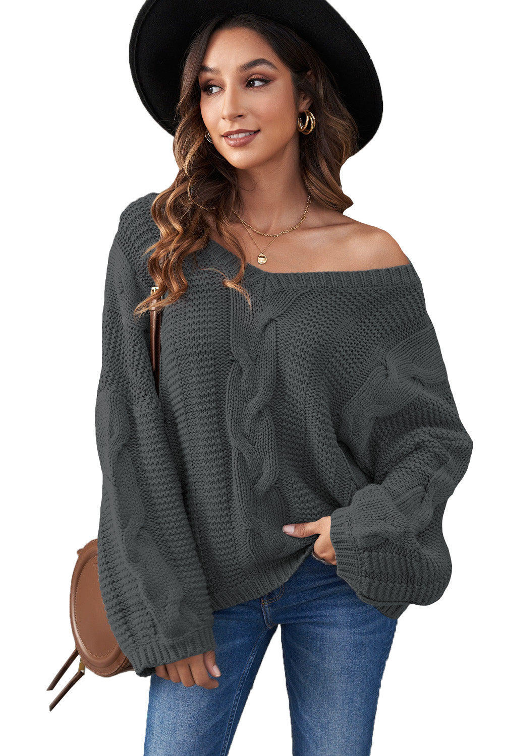 Temno siv pleten pulover z v-izrezom iz mehurčkov