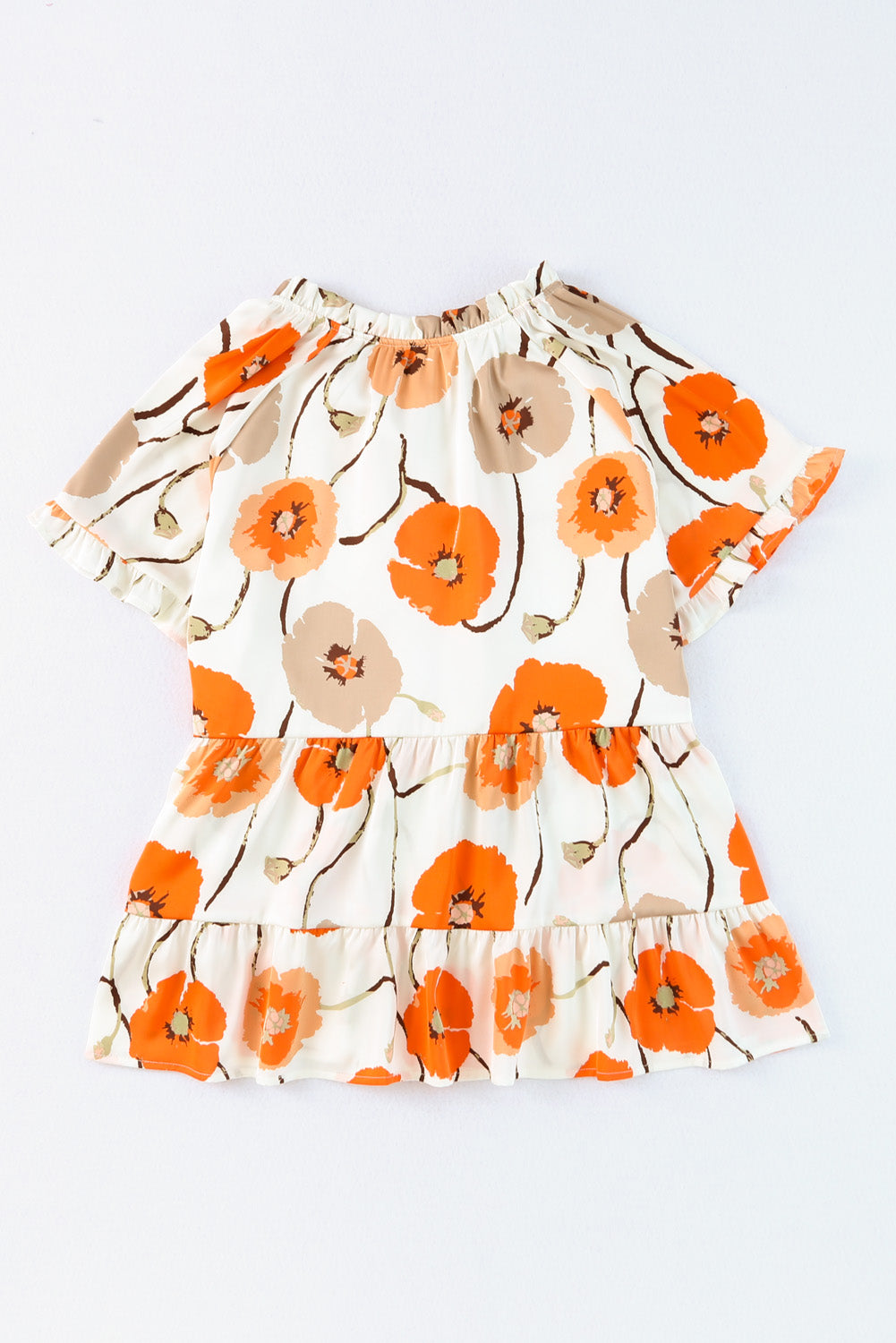Orangefarbene, gestufte Babydoll-Bluse mit Blumenmuster und Rüschenkragen