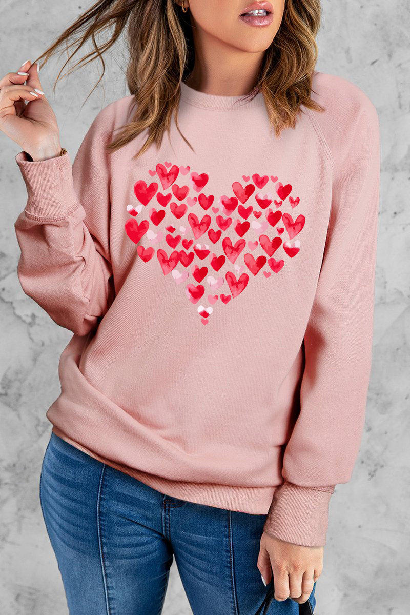 Felpa pullover a maniche lunghe girocollo con stampa rosa a forma di cuore