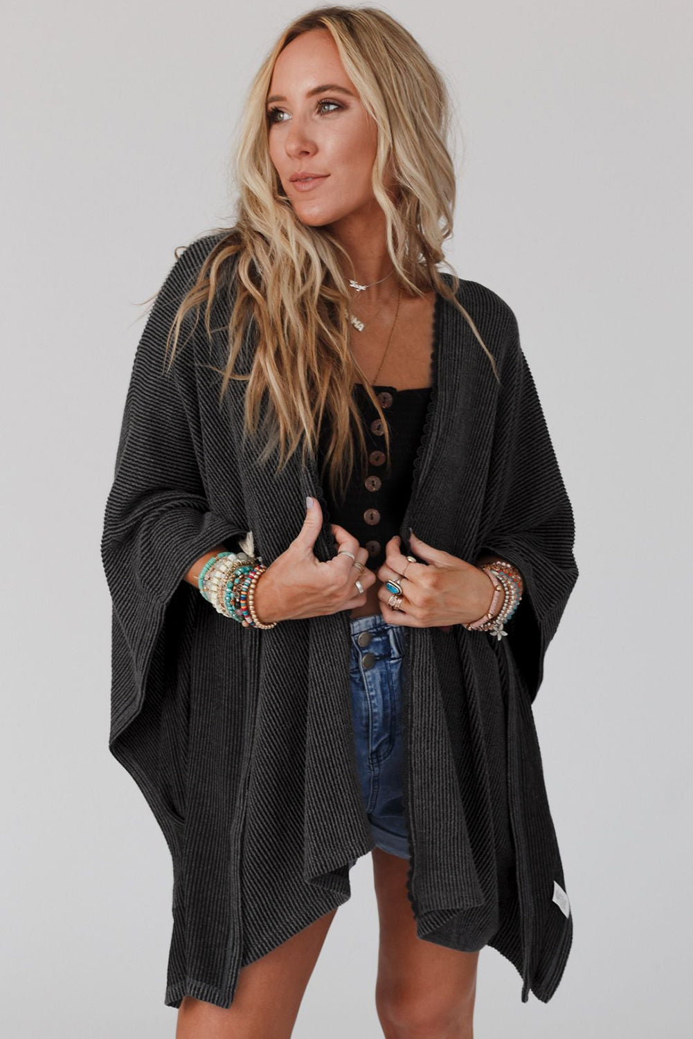 Kimono oversize a coste con finiture in pizzo nero