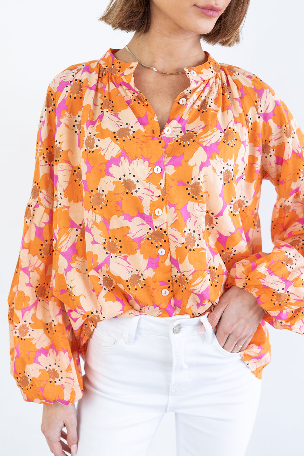 Camicia a maniche larghe con stampa floreale arancione
