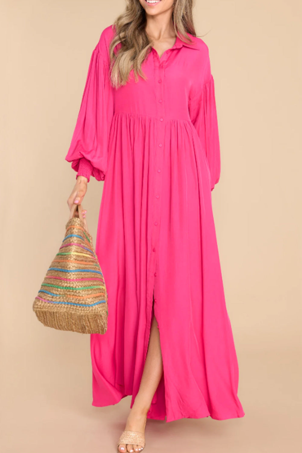 Maxi haljina s ružičastim rukavima s mjehurićima