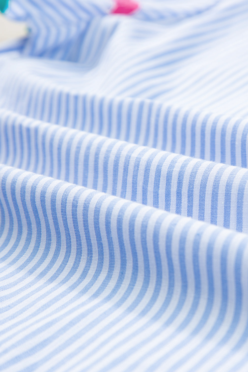 Sky Blue Stripe Ricrac Trim Split Neck Striped Ruffled Sleeve Blouse