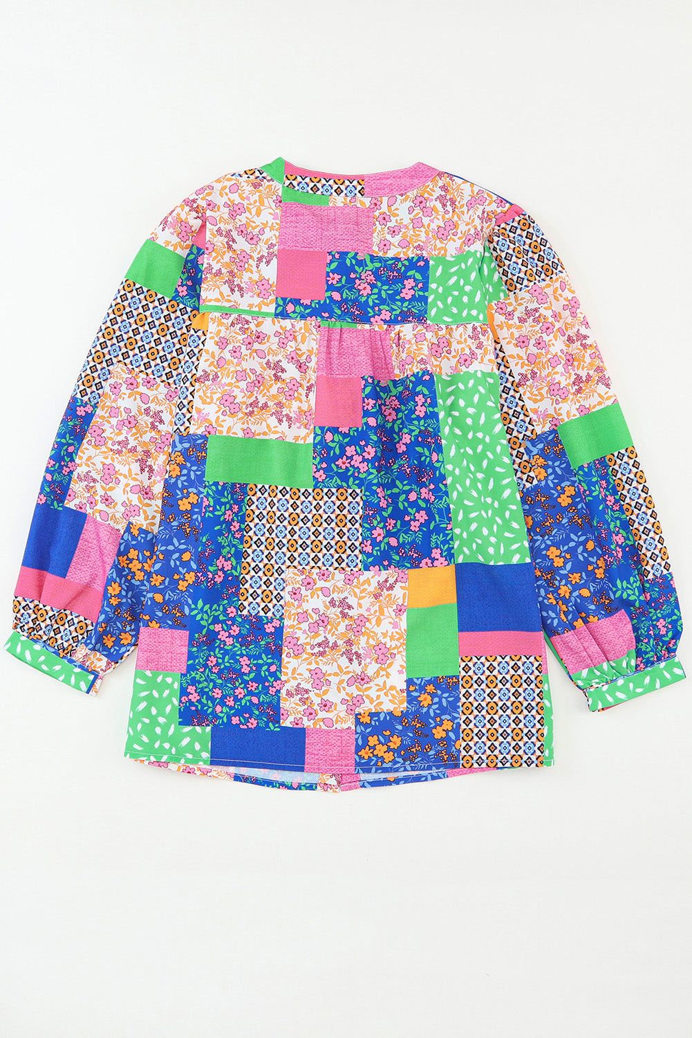 Multicolor Floral Patchwork Print Buttoned Puff Sleeve Shirt