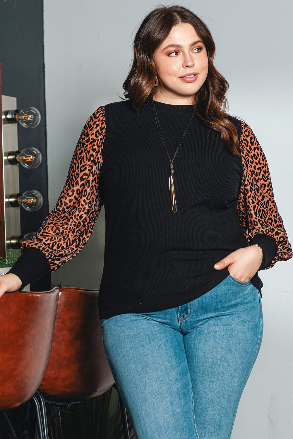 Black Leopard patchwork rebrasta pletena majica s lažnim ovratnikom plus veličine