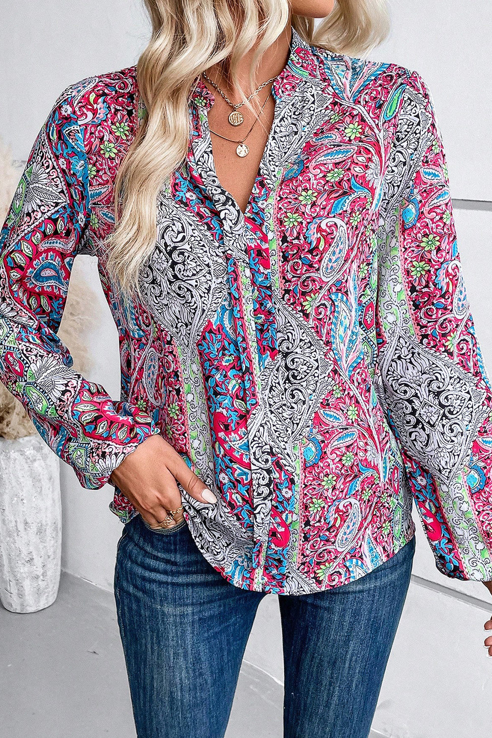 Rosa Vintage-Boho-Bluse mit Paisley-Print und gekerbtem Ausschnitt