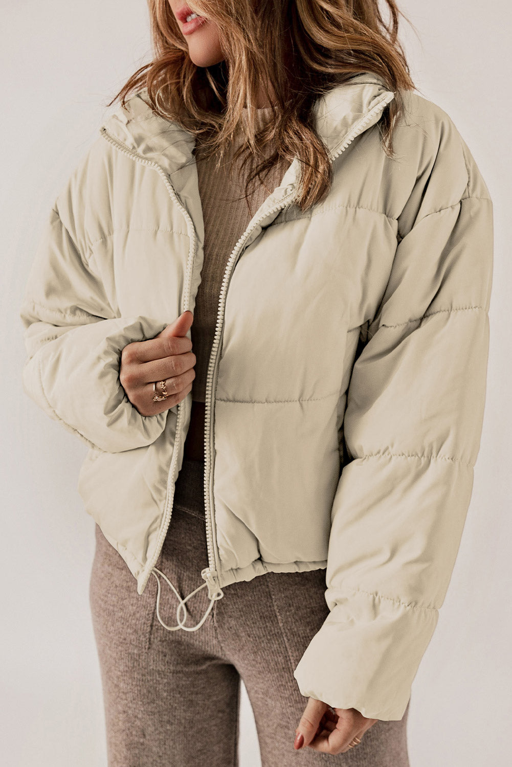 Manteau doudoune zippé à ourlet avec cordon de serrage abricot