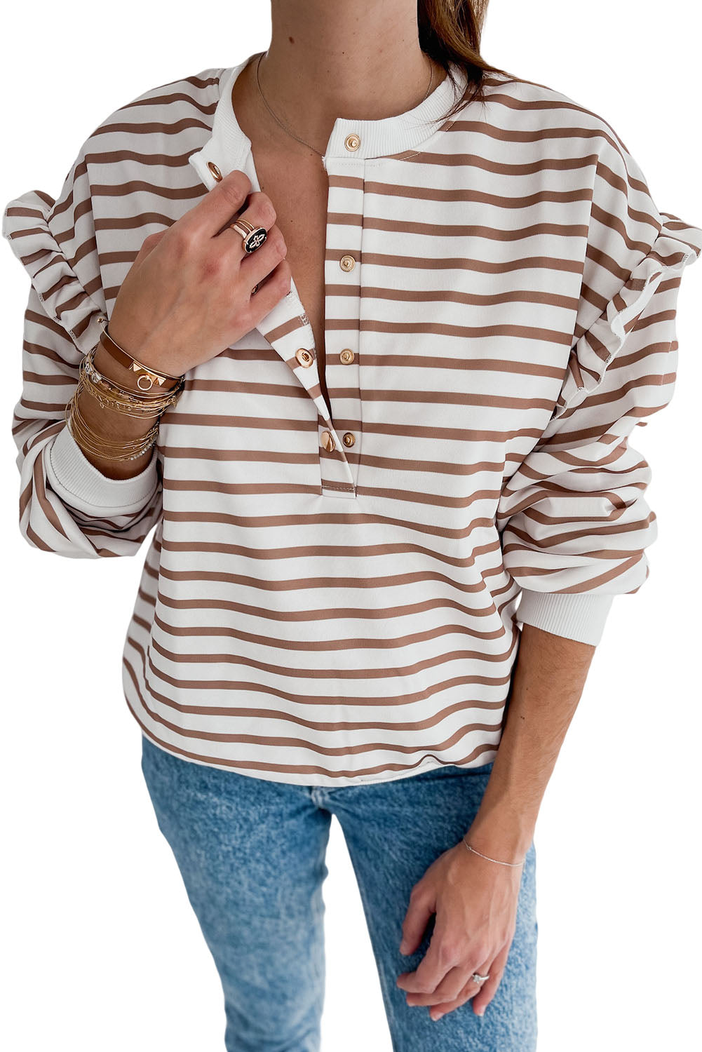 Brown Striped Ruffled Sleeve Buttoned Half-Placket Top