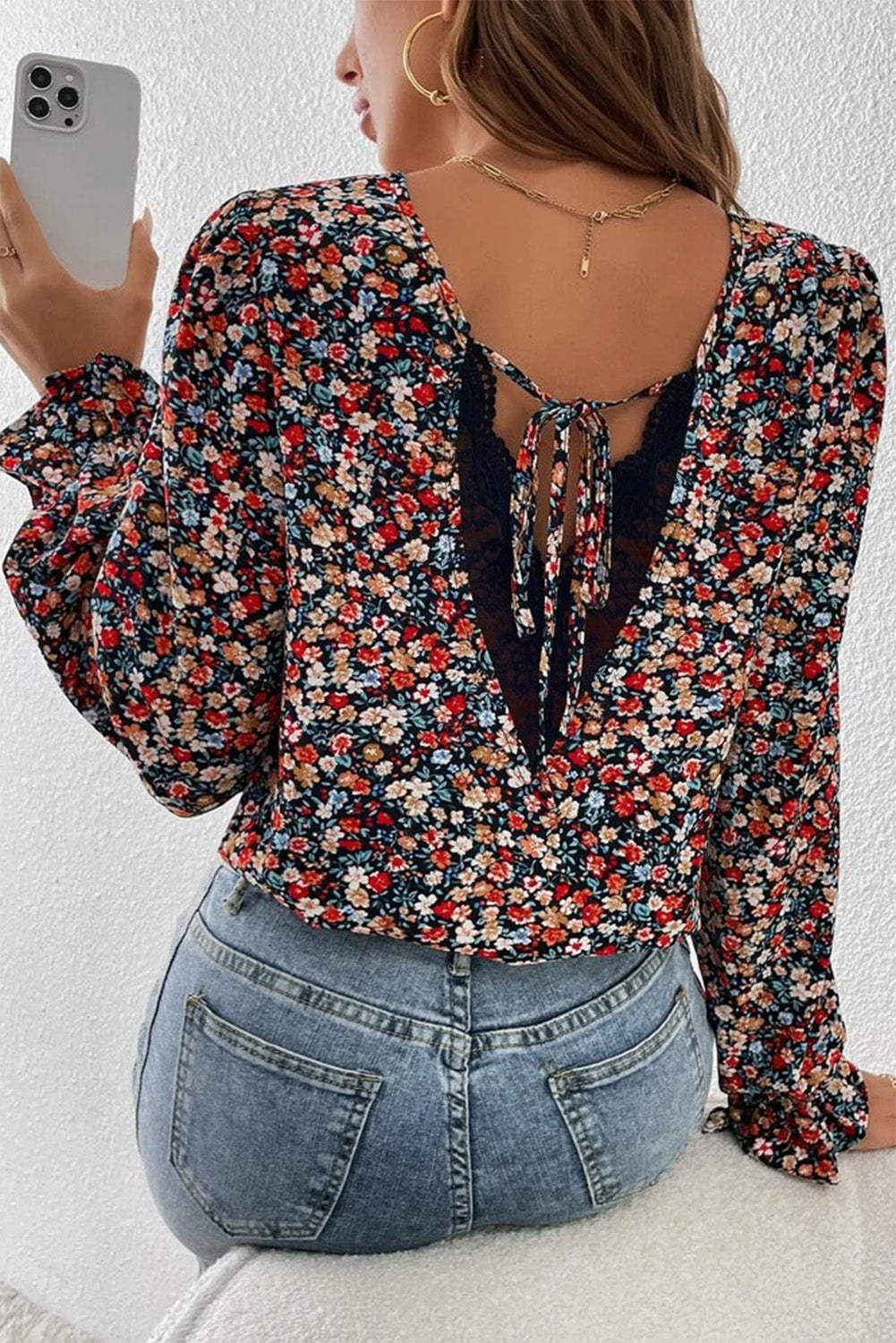 Fiery Red V Cut Lace Patch Tie-up Ruffled Puff Sleeve Floral Blouse