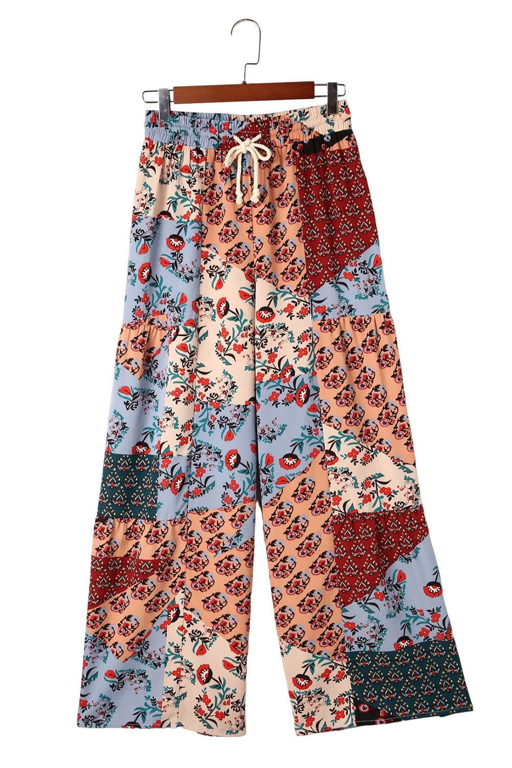 Večbarvne široke hlače z vrvico v stilu boho patchwork