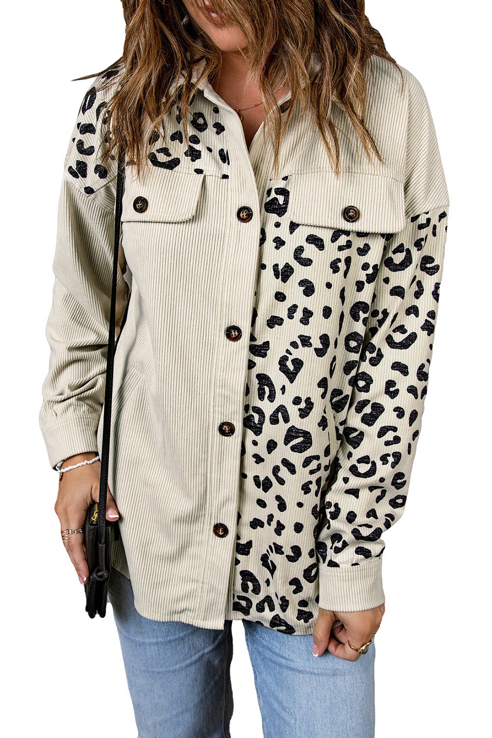 Veste en velours côtelé avec poches et imprimé léopard abricot
