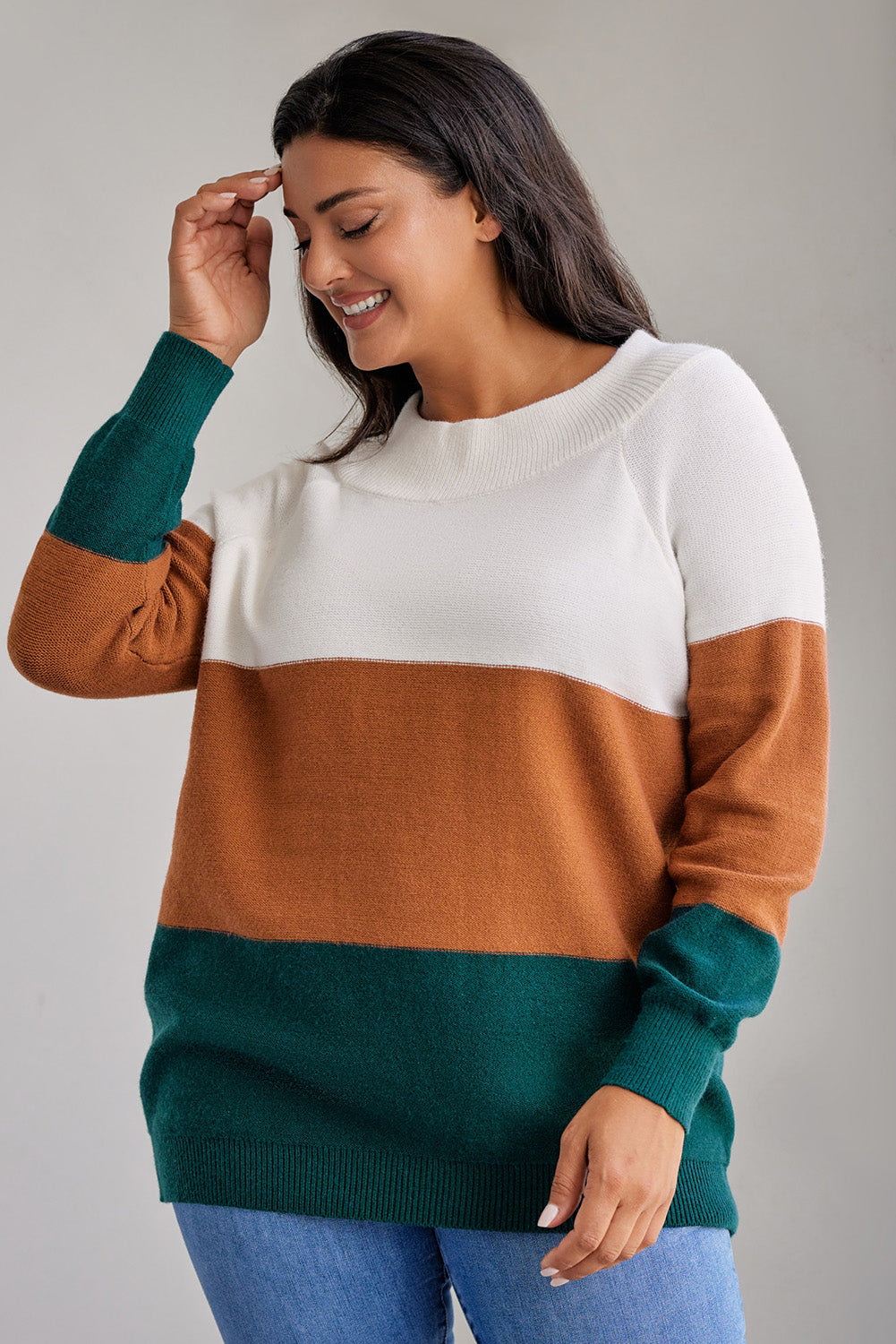 Rjav pulover velike velikosti z rebrastim robom v barvnih blokih