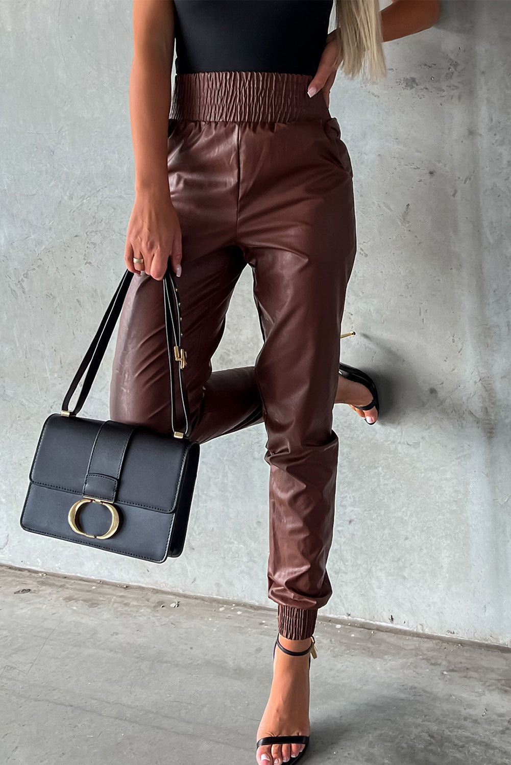 Black Smocked High-Waist Leather Skinny Pants