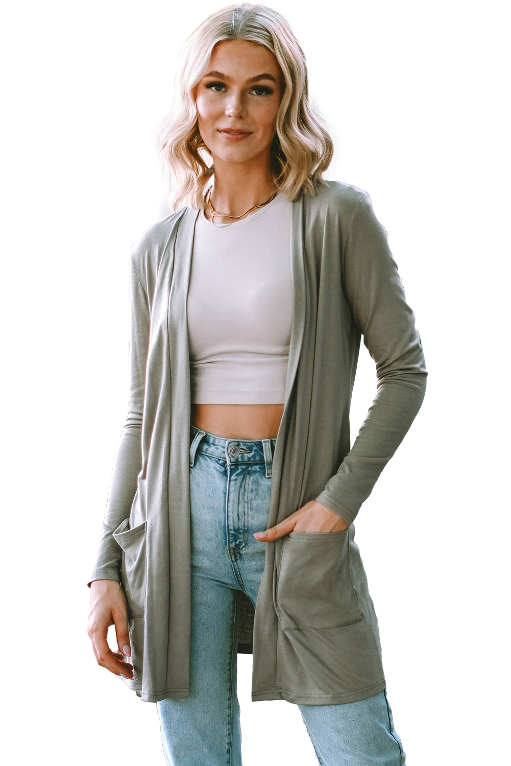 Sage Green Solid Color Slouchy Pockets Tunic Cardigan