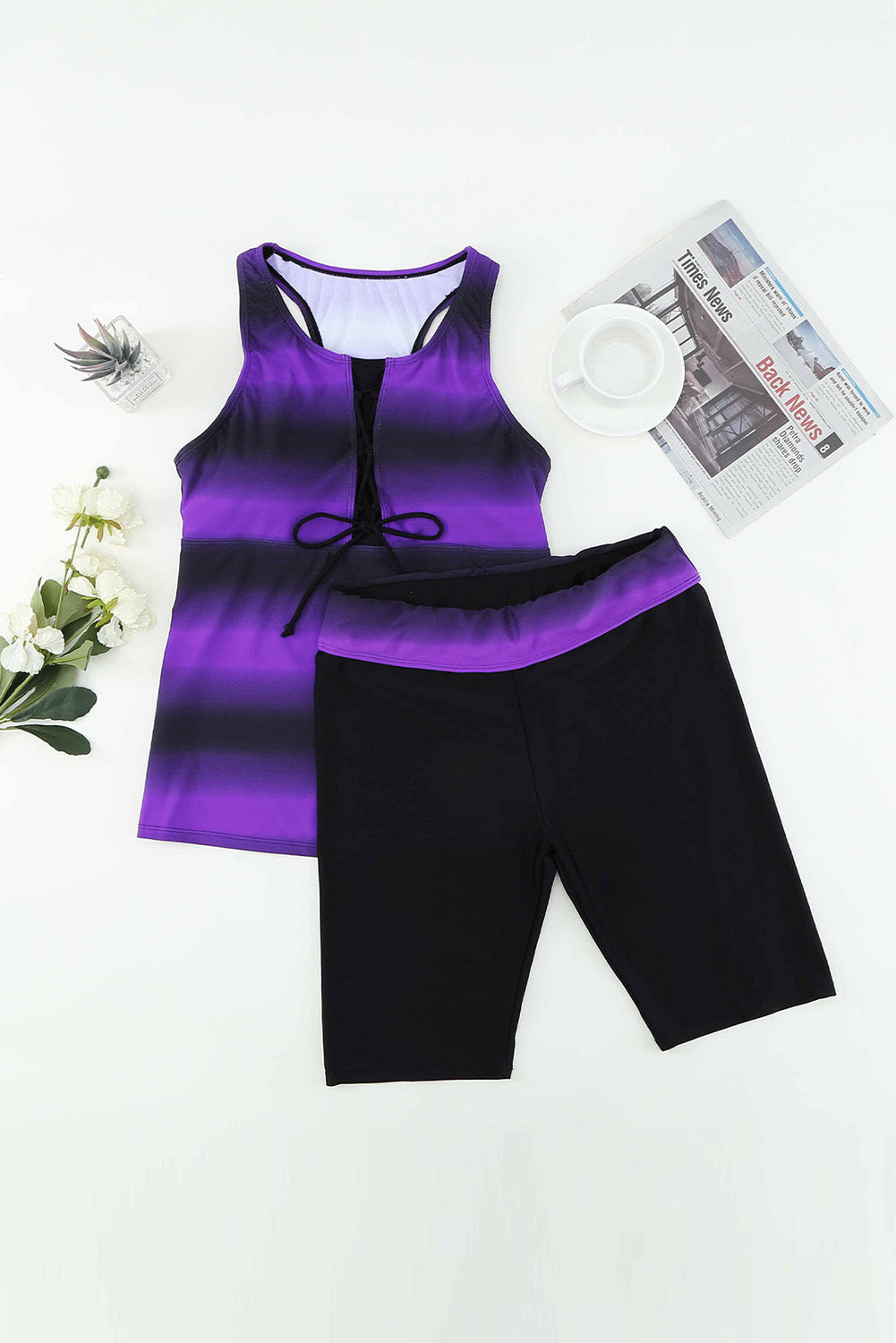 Maillot de bain tankini violet et noir à imprimé ombré, dos nageur